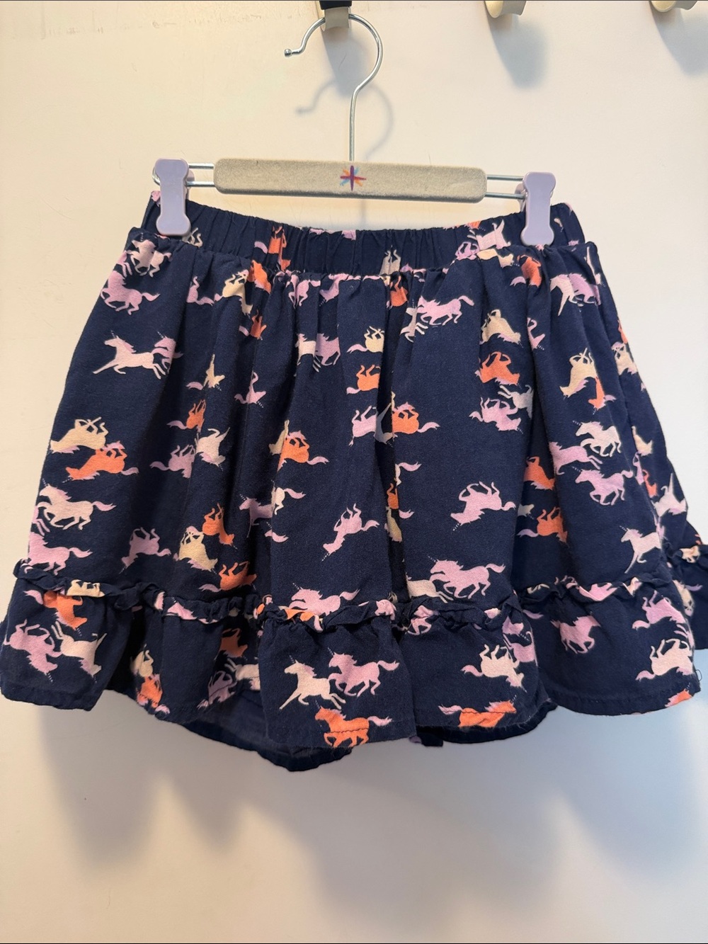 Girls Navy Unicorn Print Ruffle Skort - Pink, Lavender & Orange Accents